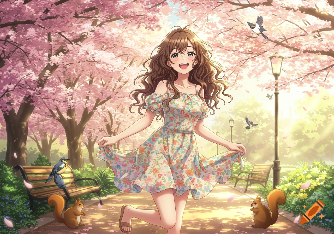 A happy anime brunette woman in a floral sundress poses in a cherry blossom park with squirrels and birds.
