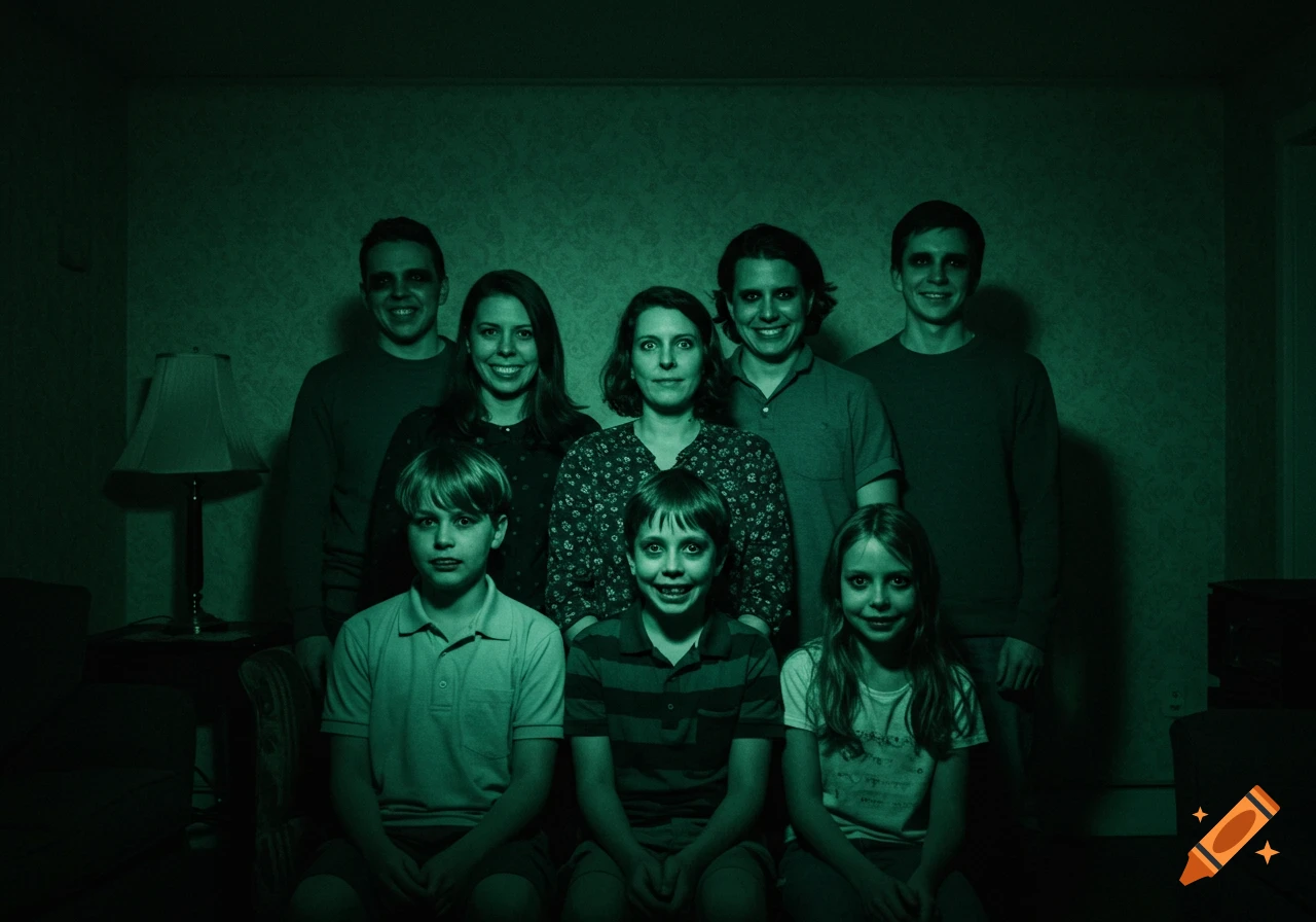 A creepy, green-tinted group portrait of two adults and five children with unsettling, uncanny smiles in an analog horror style.