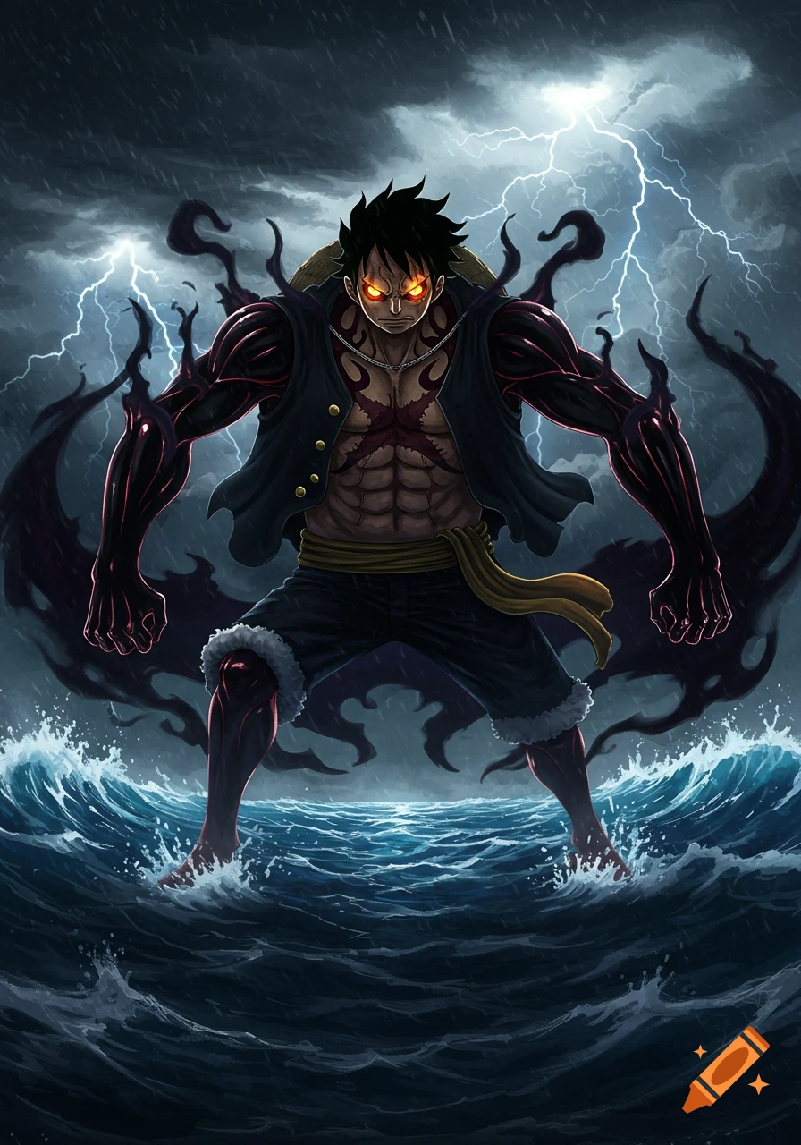 A powerful anime depiction of Luffy with glowing eyes and dark emanations, standing in stormy ocean waters under a lightning-filled sky.
