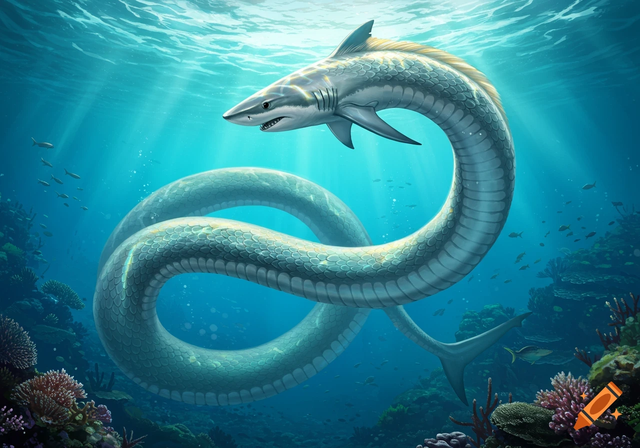 A majestic shark-snake hybrid swims gracefully among coral reefs in a vibrant, sunlit underwater scene.