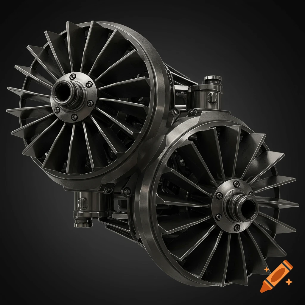 Two metallic roots impellers in a perspective view, rendered on a dark background.