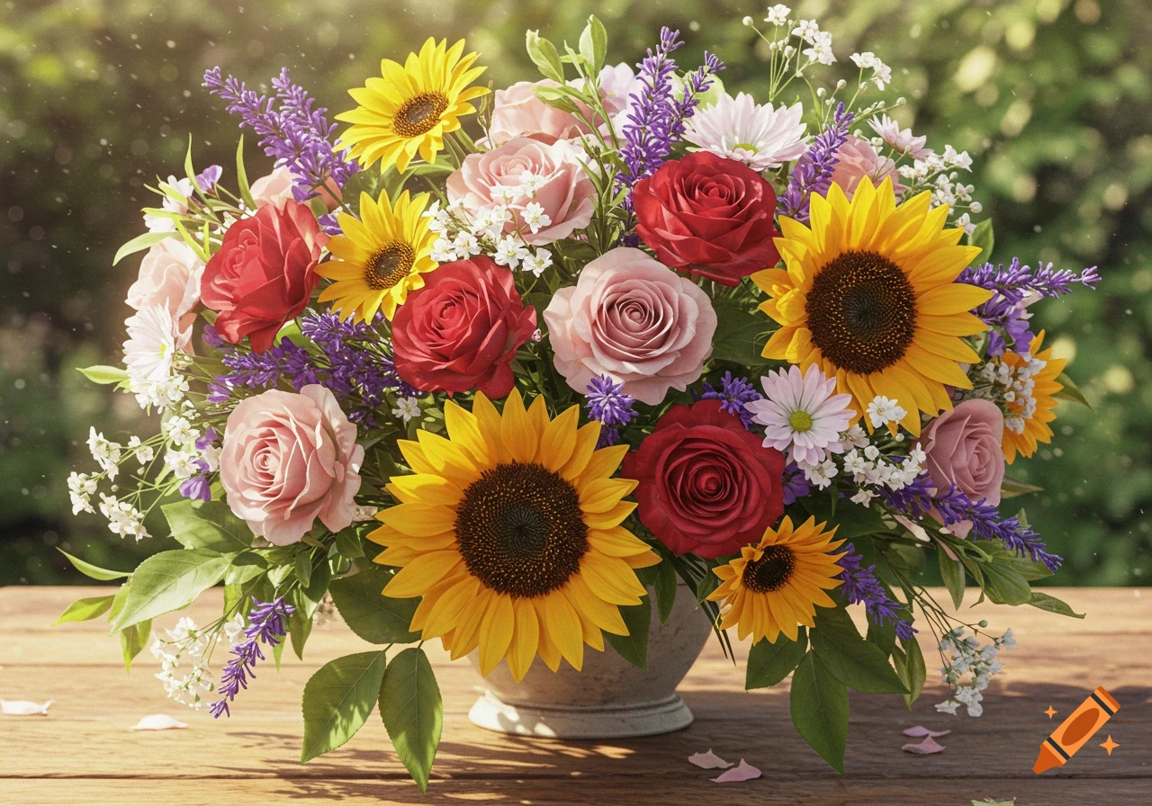 A vibrant photorealistic bouquet of sunflowers, red and pink roses, lavender, and white flowers in a vase on a wooden table, bathed in sunlight.