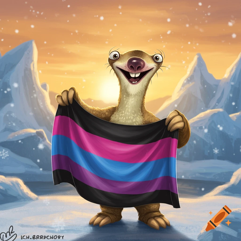 Sid the Sloth from Ice Age holds a genderfluid flag in a snowy mountain landscape at sunset.
