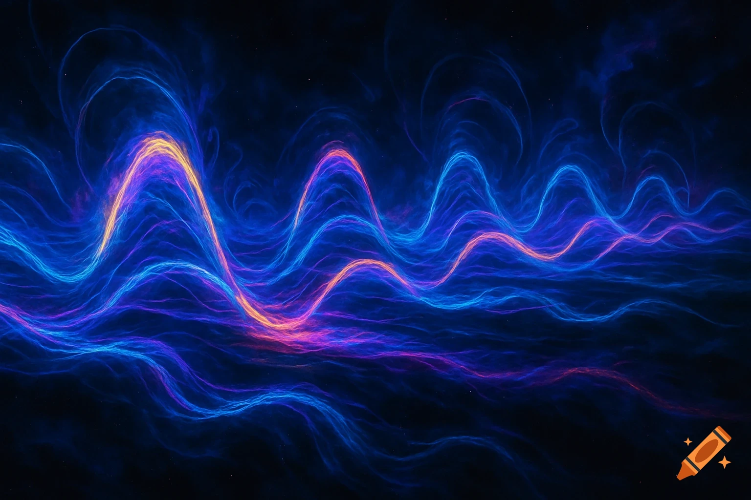 Abstract illustration of vibrant blue, purple, orange, and yellow undulating waves resembling electromagnetic fields against a dark background.