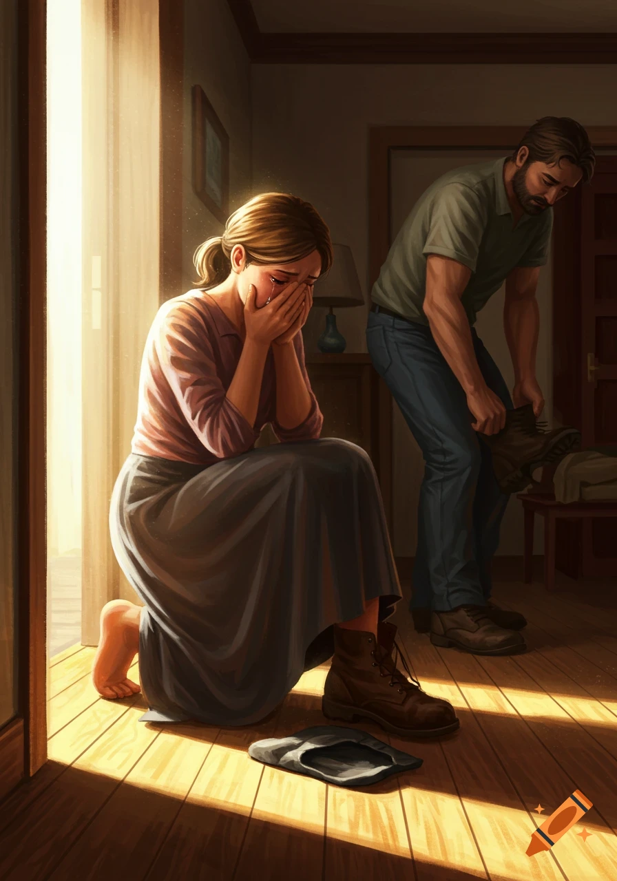 A woman cries on her knees, covering her face, while a man puts on his boots in a sunlit room, depicting a somber domestic scene.
