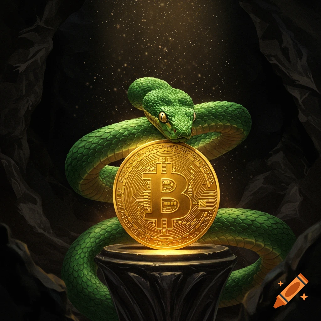 A vibrant green viper coils around a glowing golden Bitcoin symbol atop a dark pedestal in a dimly lit cave, illuminated by golden light.