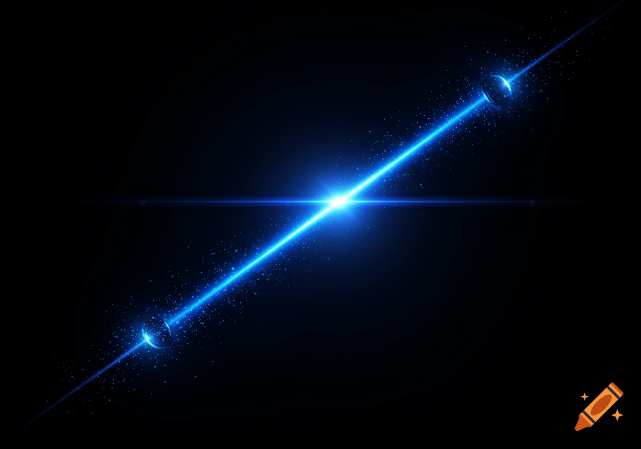 A bright blue laser beam with sparkling light particles stretches diagonally across a dark, abstract background.