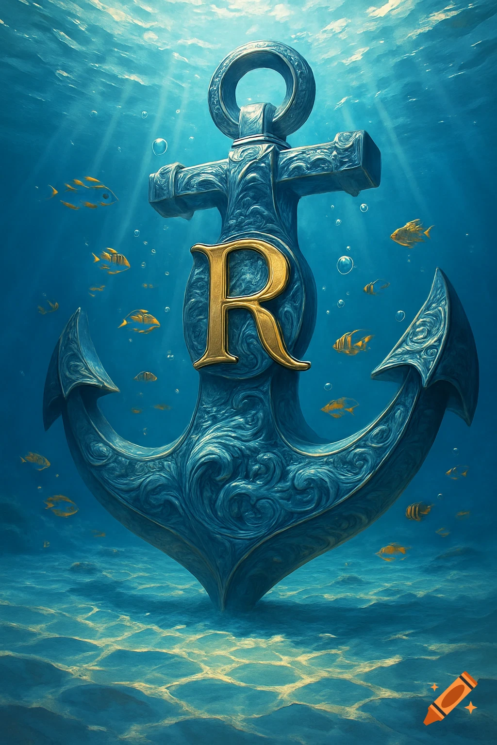 An ornate blue anchor with a golden letter R on its shaft sits on the seafloor among fish in sunlit blue water.