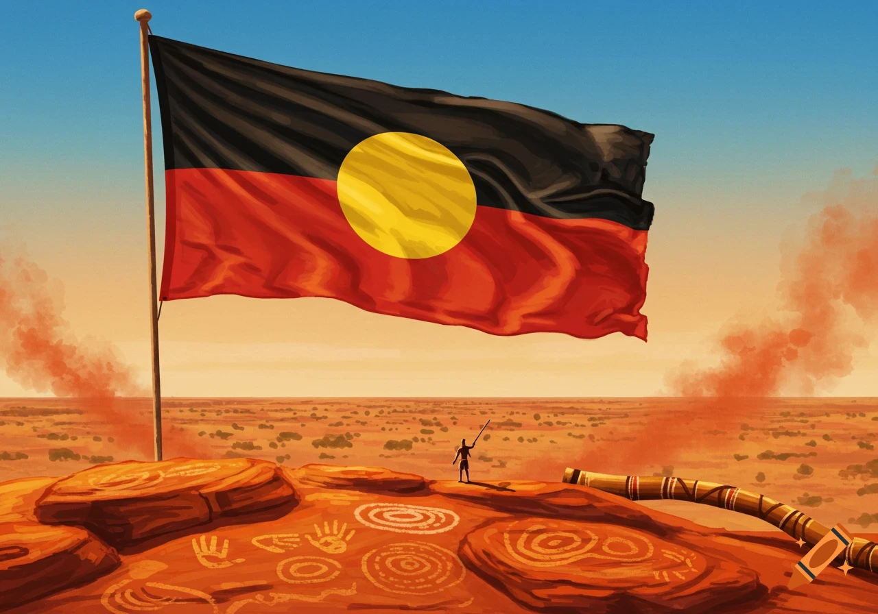 The Aboriginal flag waves high over an orange desert landscape with a lone figure, indigenous rock art, and a didgeridoo.