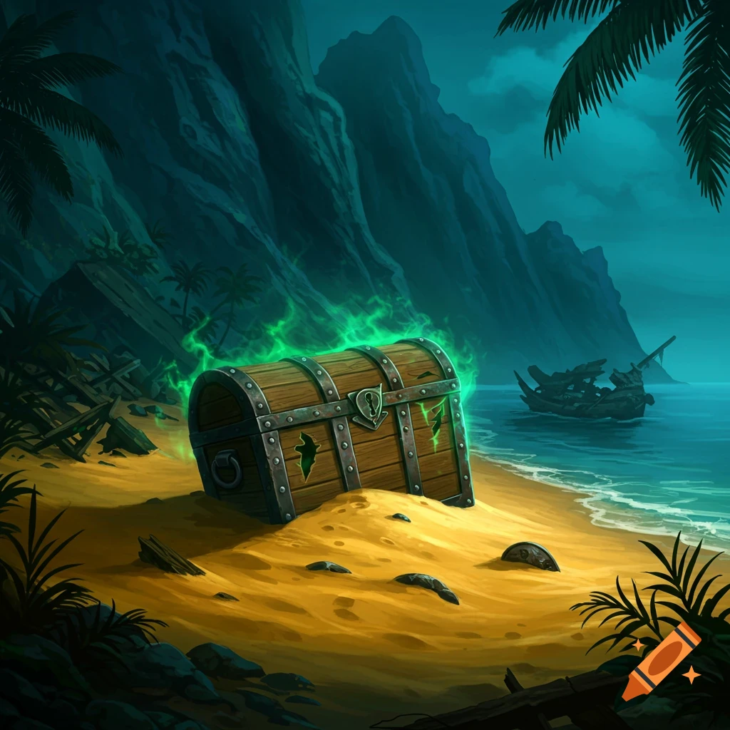 A wooden treasure chest with green glowing cracks sits on a sandy beach next to a shipwreck on a mysterious island, digital art.
