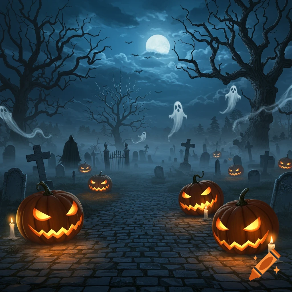 Misty Halloween graveyard at night with glowing jack-o'-lanterns on a cobblestone path, spooky trees, flying ghosts, and a full moon.