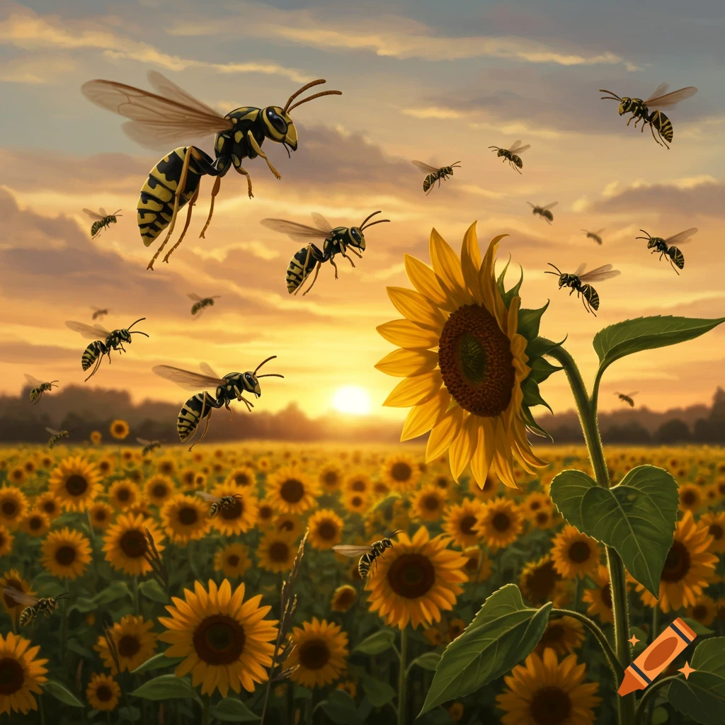 A swarm of wasps flies over a vibrant field of sunflowers during a golden sunset.