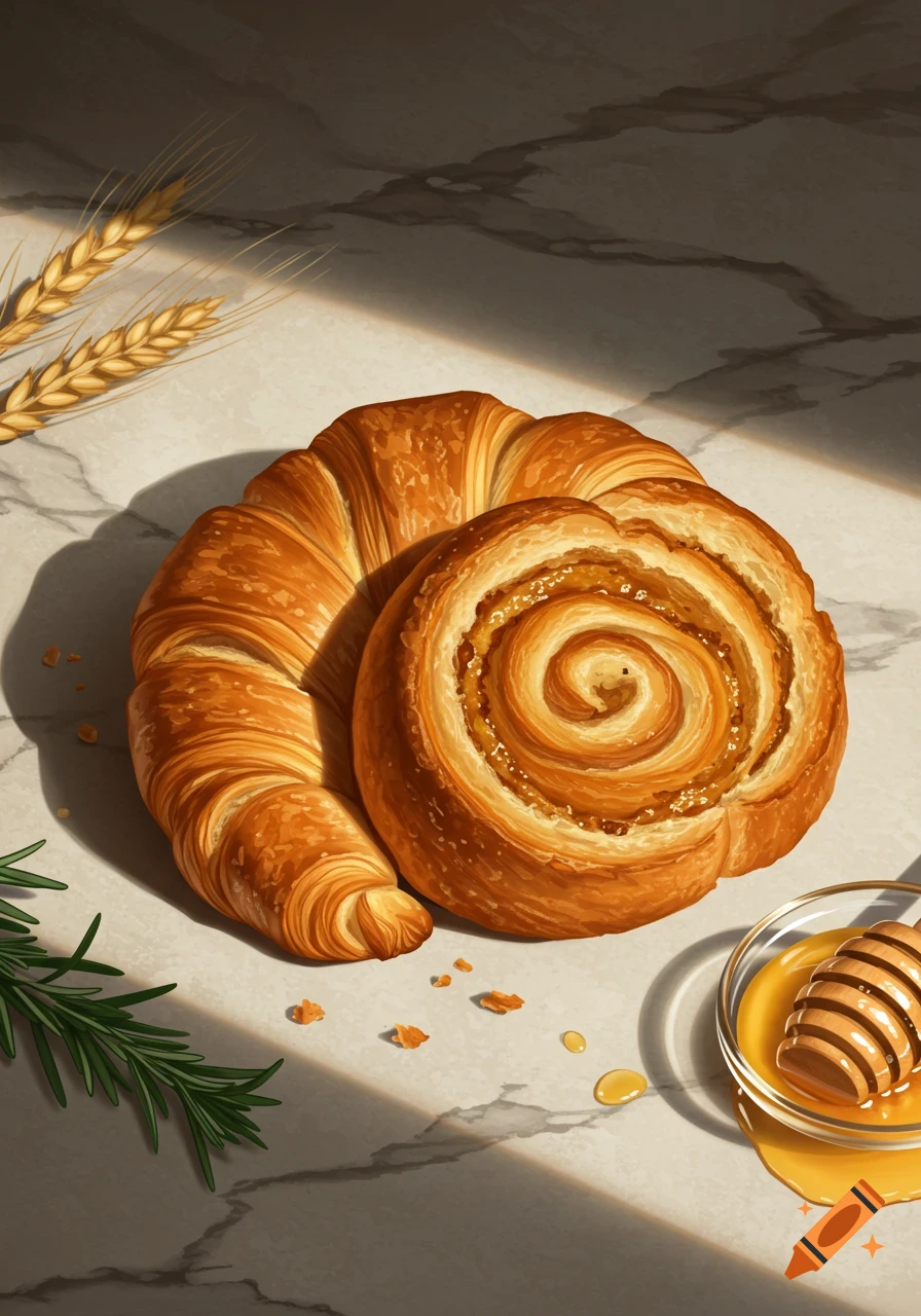 Illustrative depiction of a golden croissant and a swirled pastry with honey, wheat, and rosemary on a marble countertop in sunlight.