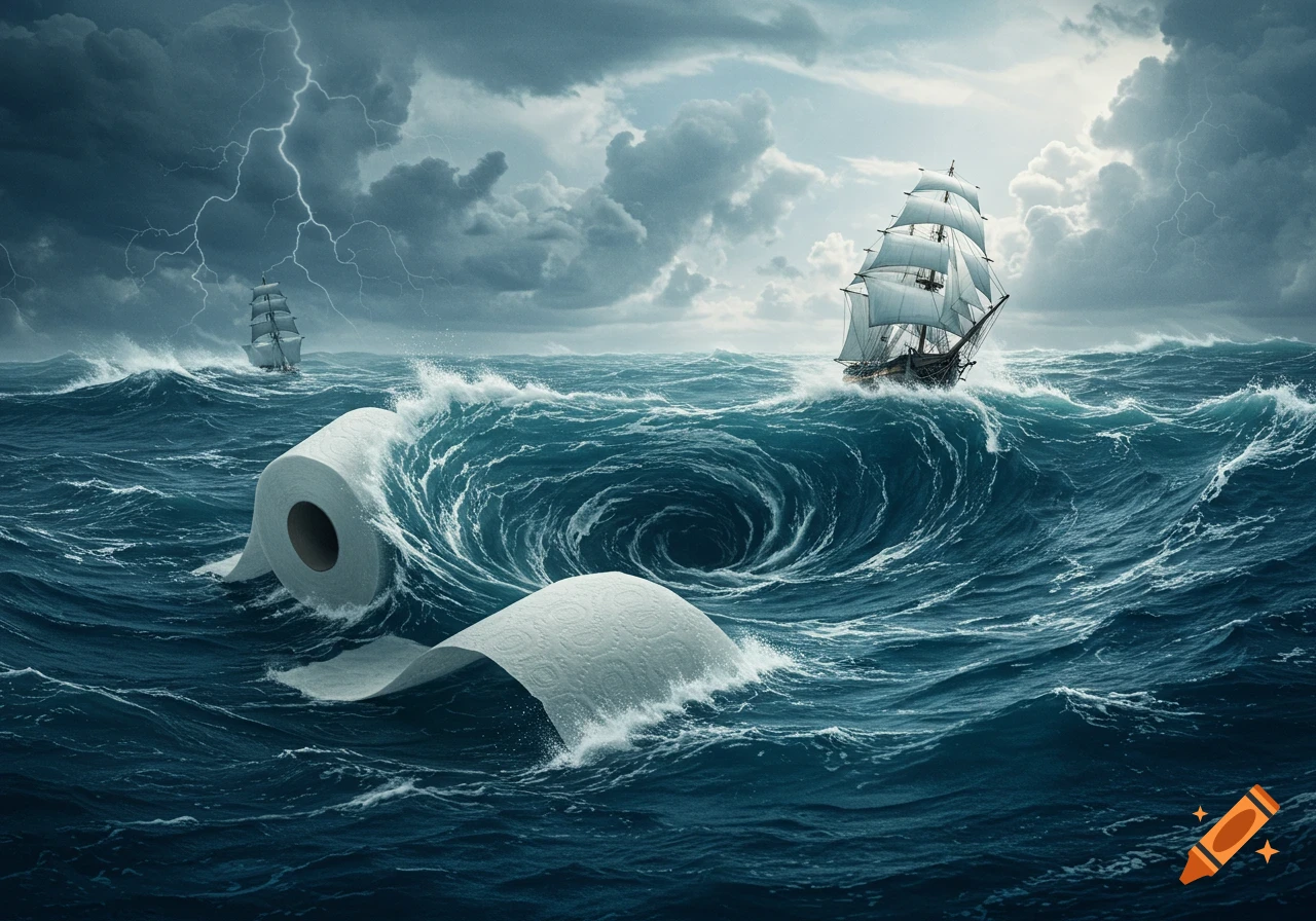A dramatic photorealistic scene of a giant toilet paper roll unraveling in a stormy, whirlpool-filled sea with sailing ships under a lightning sky.