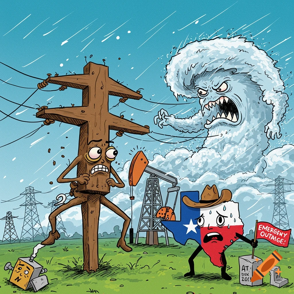A colorful political cartoon shows a terrified power pole and a sweating Texas map character holding an "EMERGENY OUTAGE!" sign, facing a monstrous snowstorm. An oil pump is in the background.