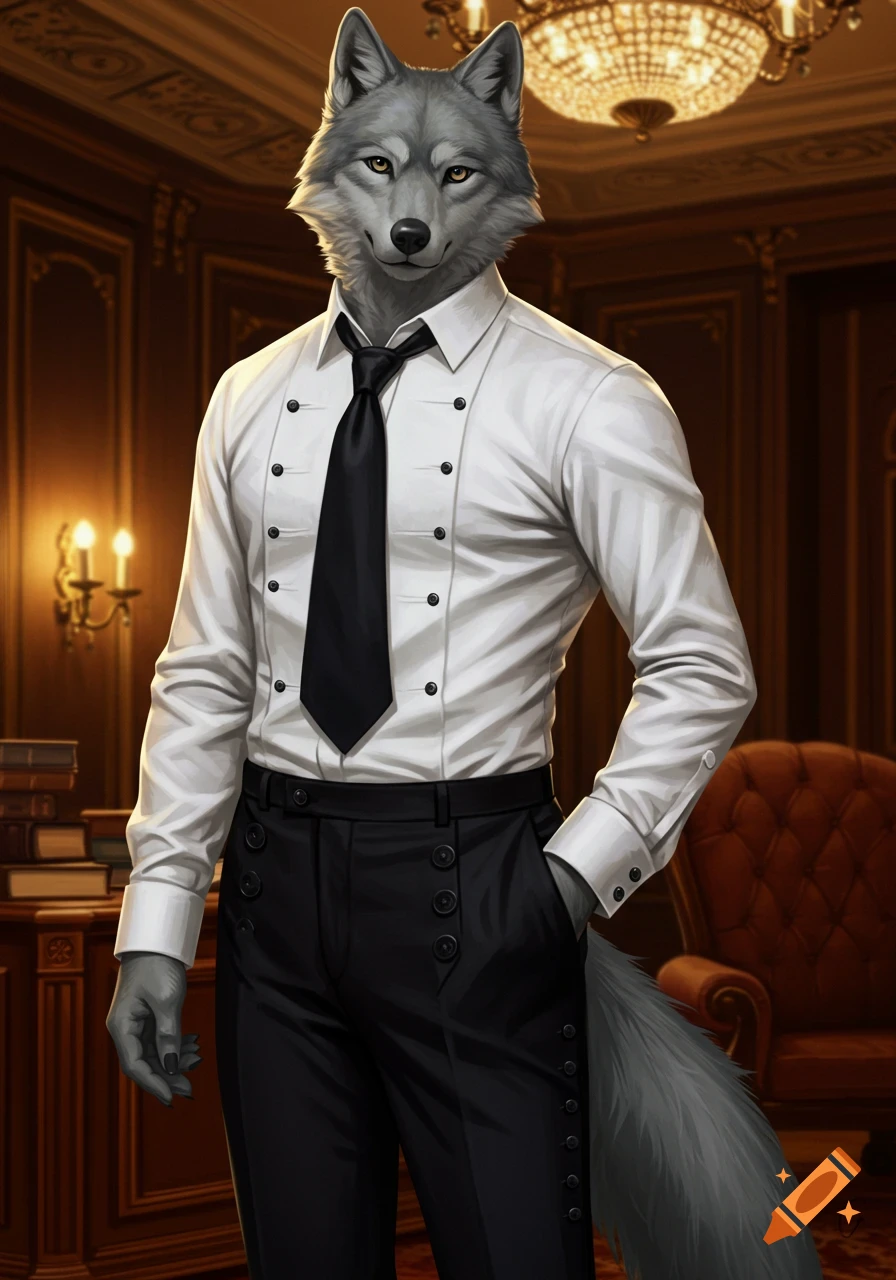 An anthropomorphic grey wolf in a white shirt, black tie, and black slacks stands in an elegant room with a chandelier.