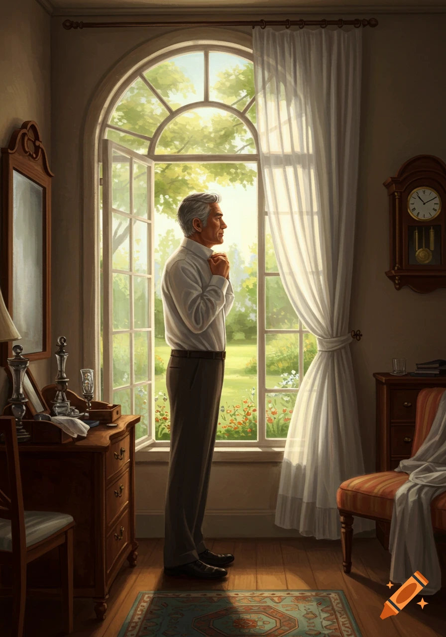 A man adjusts his shirt collar while standing by an open arched window, looking out at a sunny garden.