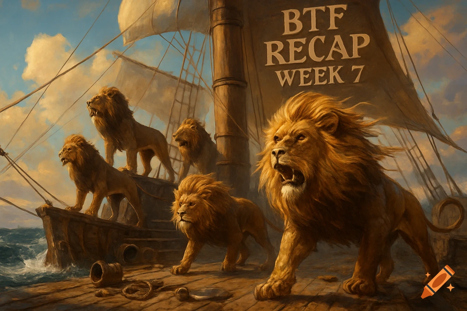 Painterly image of five roaring lions on a sailing ship, with "BTF RECAP WEEK 7" on the main sail.
