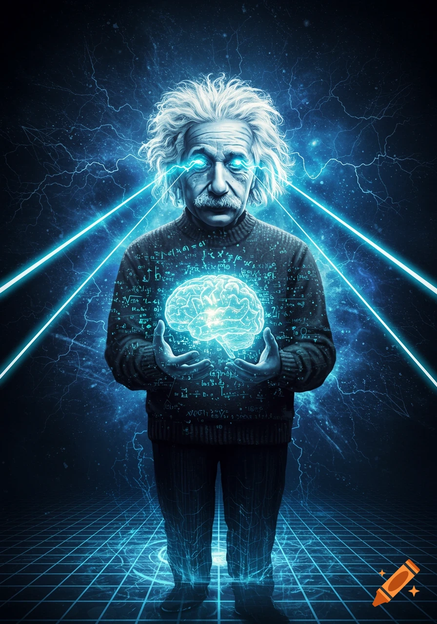 Stylized Albert Einstein with glowing blue eyes, holding a luminous brain amidst blue electricity and mathematical symbols.