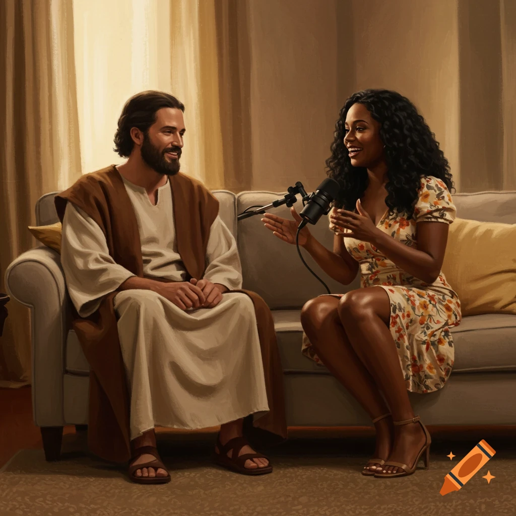 A man in robes resembling Jesus and a black woman in a floral dress record a podcast on a sofa, rendered in a painterly style.