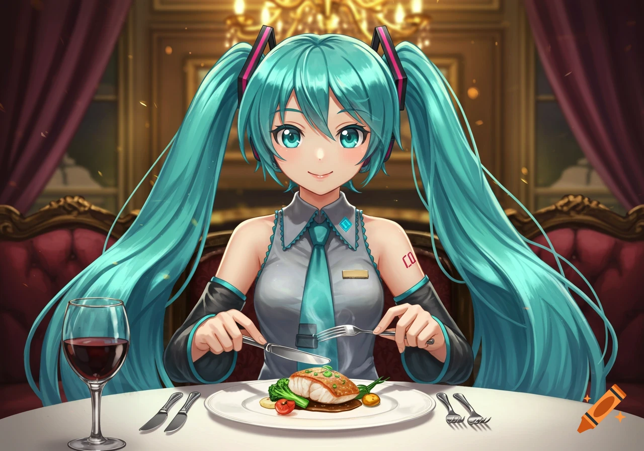 Hatsune Miku with teal pigtails dines on a fish meal at a fancy restaurant, depicted in anime style.