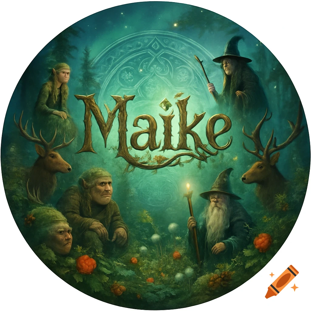 A round fantasy illustration with elves, trolls, witches, wizards, and deer in a glowing mystical forest. The name 'Maike' is in the center.
