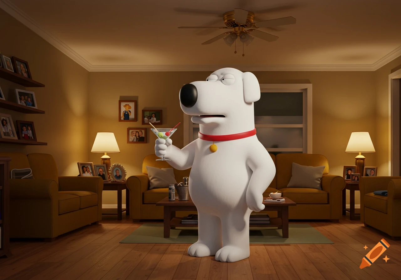 Brian Griffin, a white anthropomorphic dog, holds a martini in a dimly lit living room.