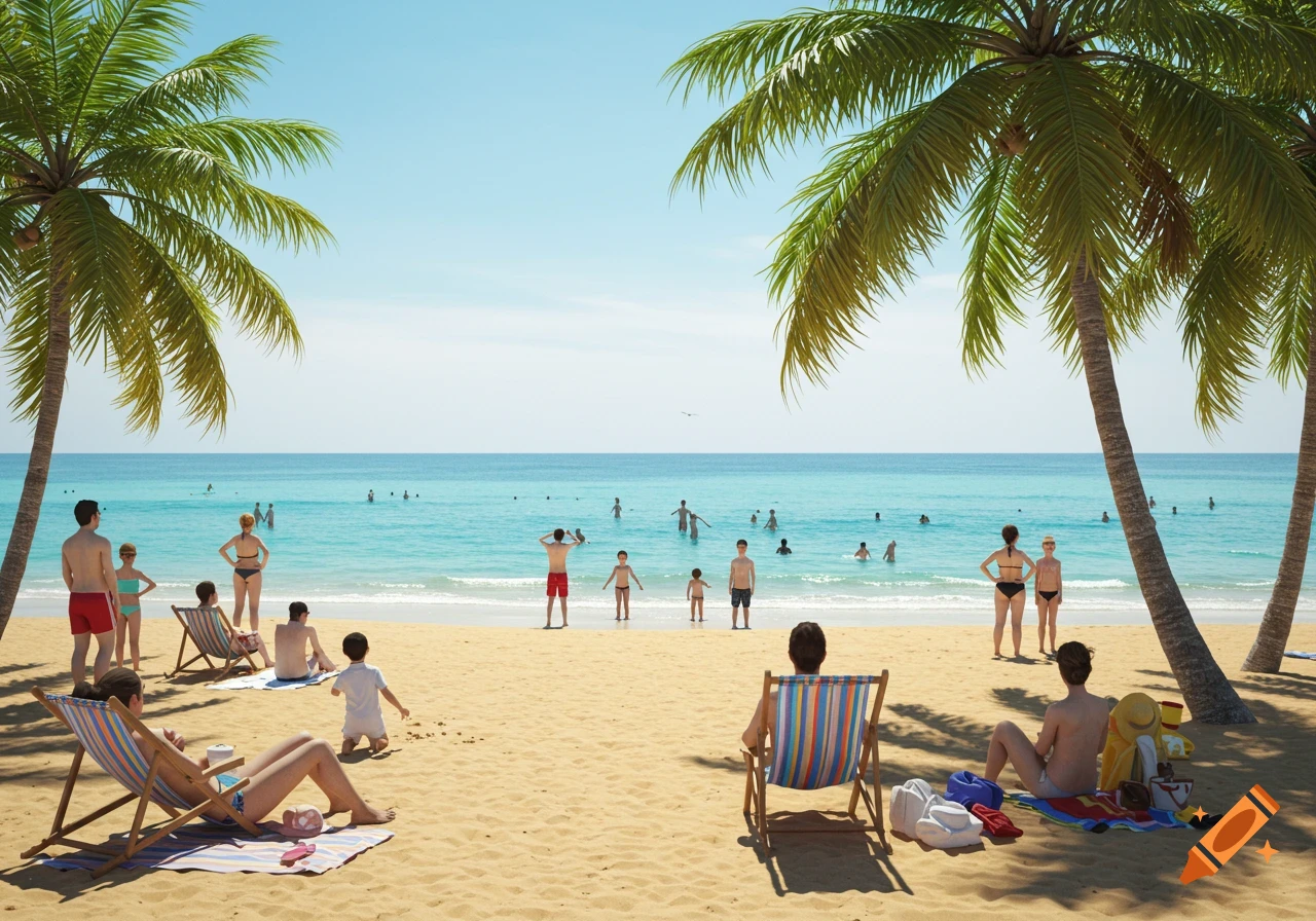 Photorealistic image of a sunny tropical beach with people swimming in turquoise water and lounging on golden sand under palm trees.