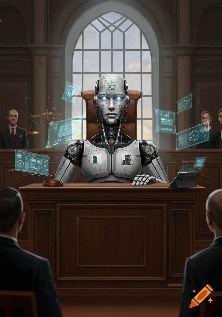 A robot judge with glowing blue eyes presides over a courtroom, surrounded by floating holographic data screens. Humans observe in the background.
