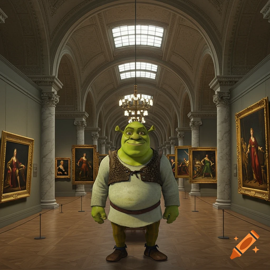 Shrek stands grinning in the middle of a grand museum hall filled with framed paintings and ornate architecture.