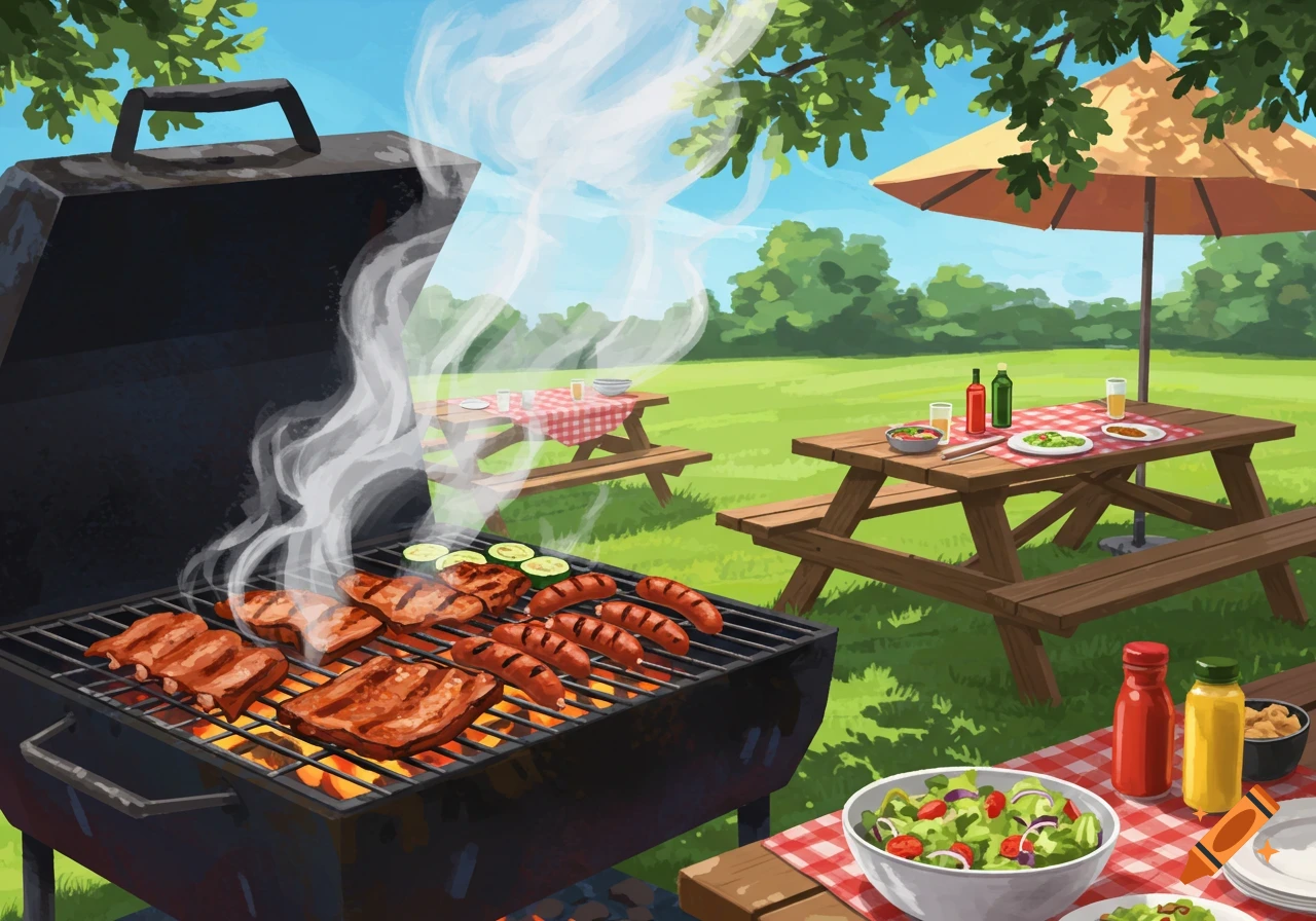 A colorful illustration of a backyard barbecue with food grilling on a grill, picnic tables with salads and drinks, and green grass under a clear sky.
