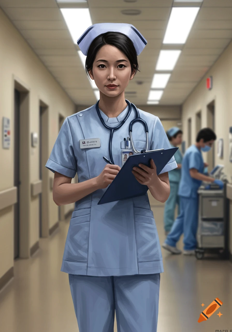 A serious-looking Asian nurse in a light blue uniform and cap holds a clipboard in a hospital hallway.