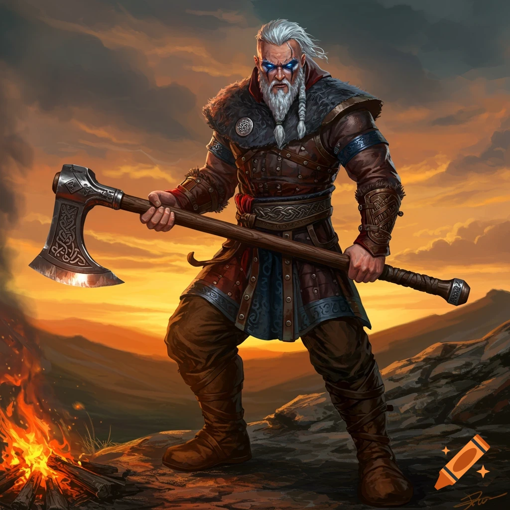 A fierce viking warrior with white hair and blue eyes, wearing leather armor and holding a greataxe, stands by a campfire at sunset.