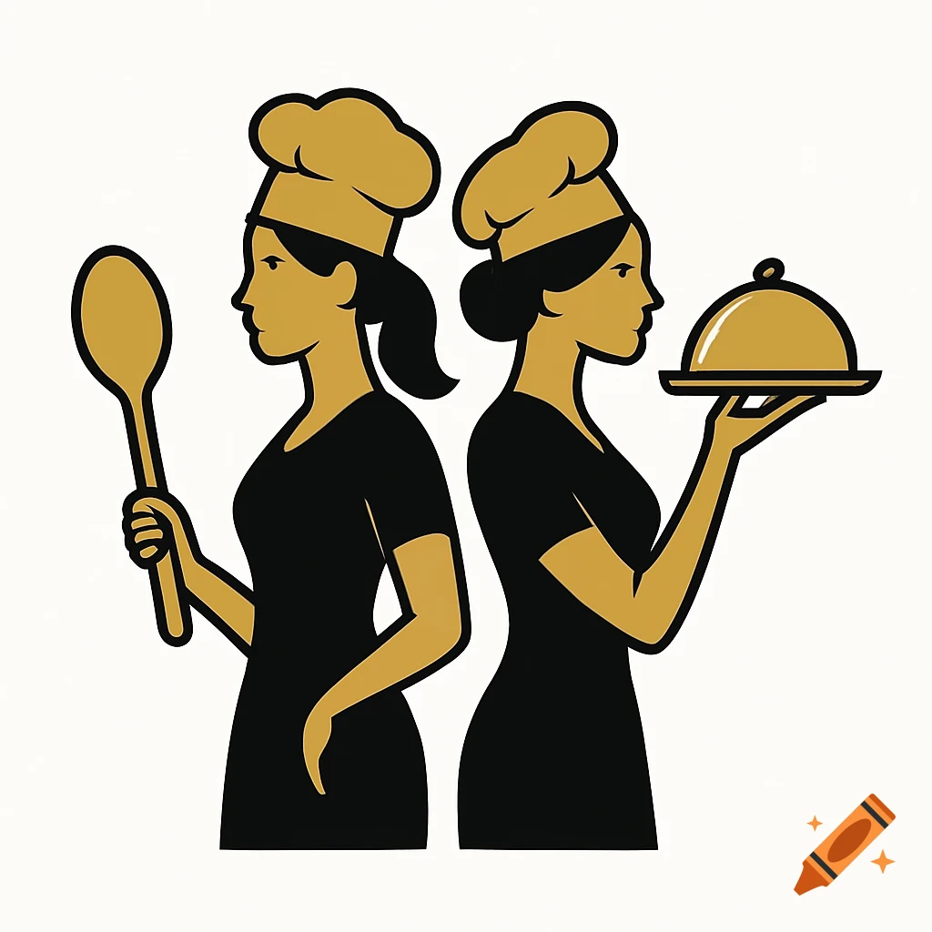 Minimalist flat vector logo of two women chefs, back to back, one with a spoon, the other with a covered food tray, in gold, black, and white.