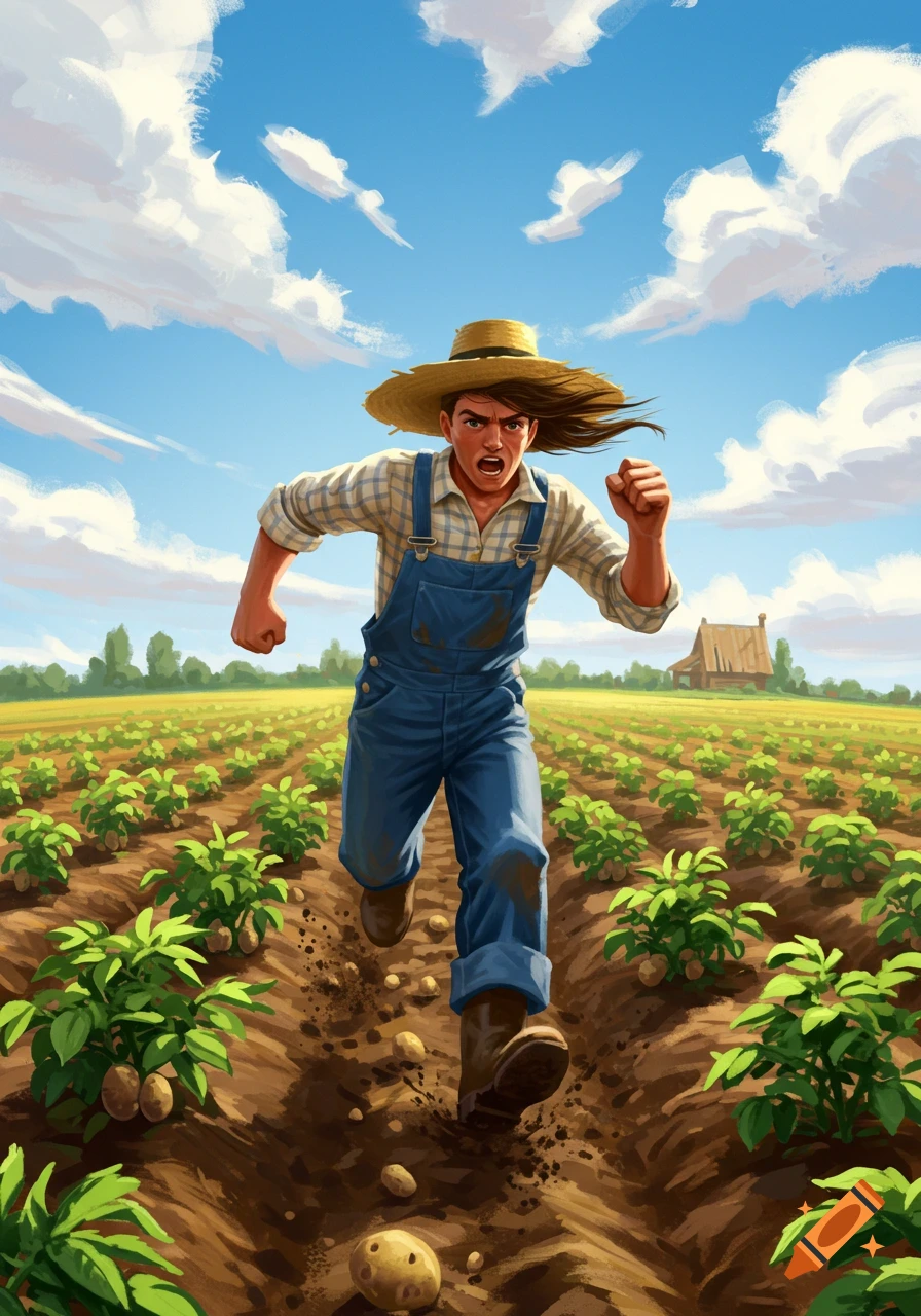 An illustration of an intense farmer in a straw hat and overalls running through a potato field.