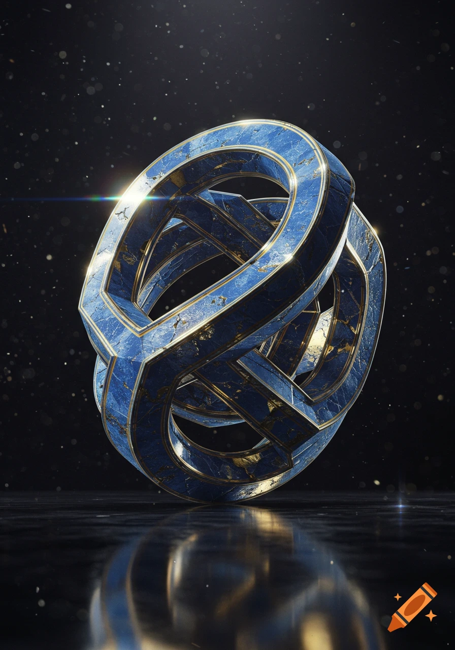 A blue and gold marble-like impossible figure intertwines on a reflective surface against a dark, starry background.