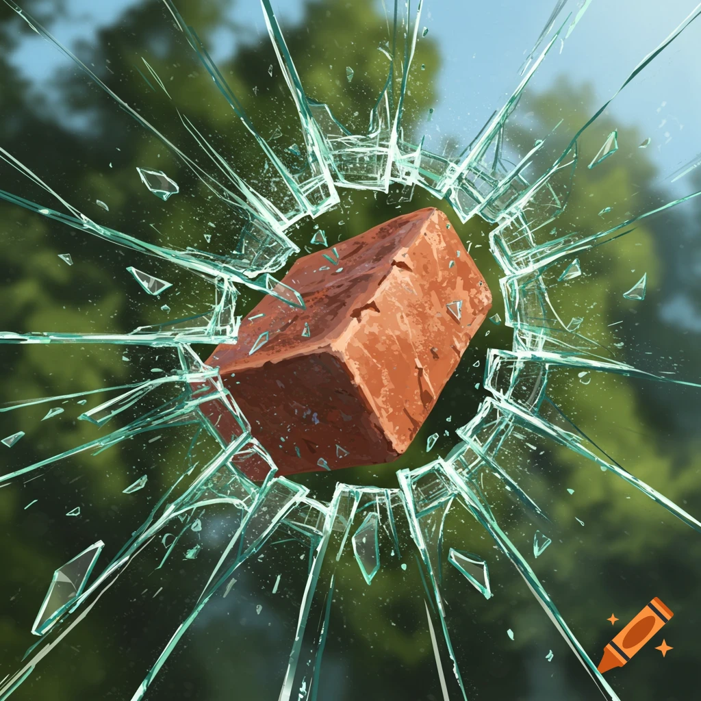 A red brick smashes through a sheet of glass, sending sharp shards flying against a blurred green tree and blue sky background.