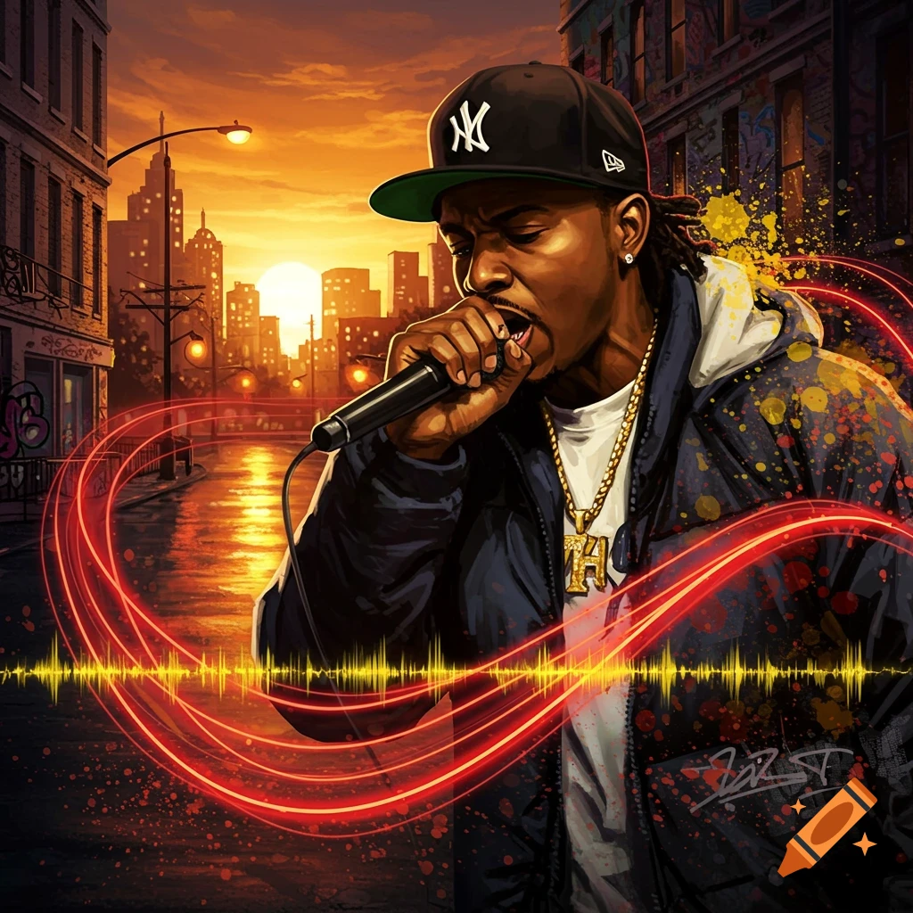 A stylized illustration of a man with a backward cap and gold chain ...