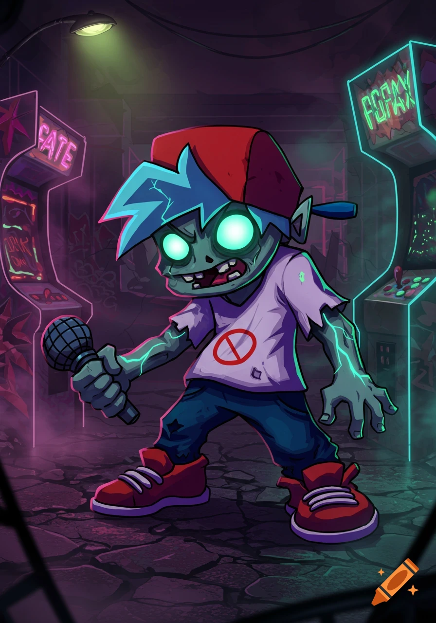 A cartoon zombie character, the Boyfriend from Friday Night Funkin', stands in a neon-lit arcade holding a microphone.
