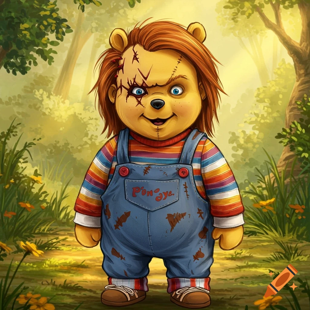 A cartoon Winnie the Pooh dressed as Chucky, with stitches on his face and messy red hair, wearing a striped shirt and blue overalls, standing in a sunny forest.