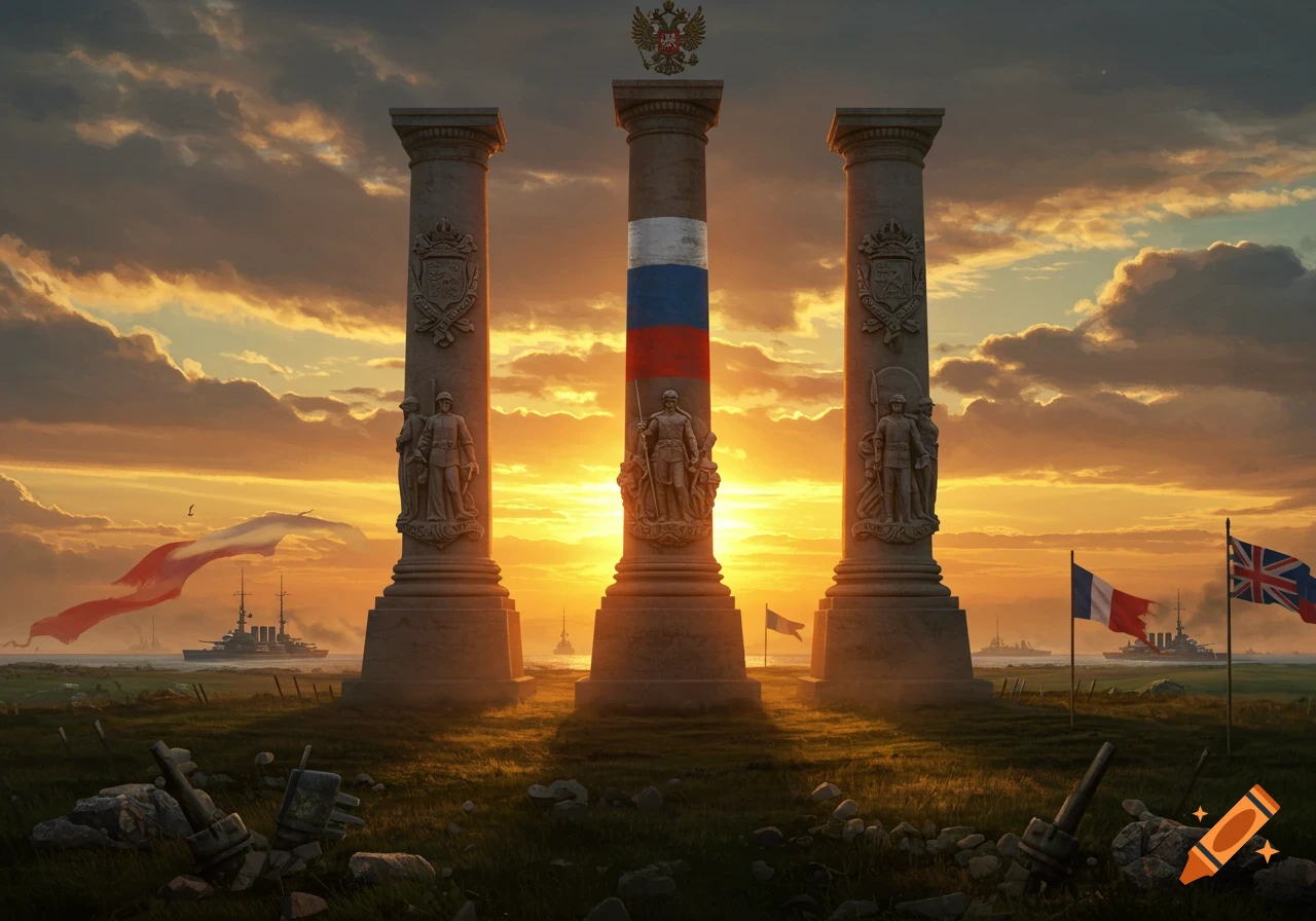Three memorial pillars, one with a Russian flag and imperial eagle, stand on a grassy field with French and British flags, battleships, and a dramatic sunset.