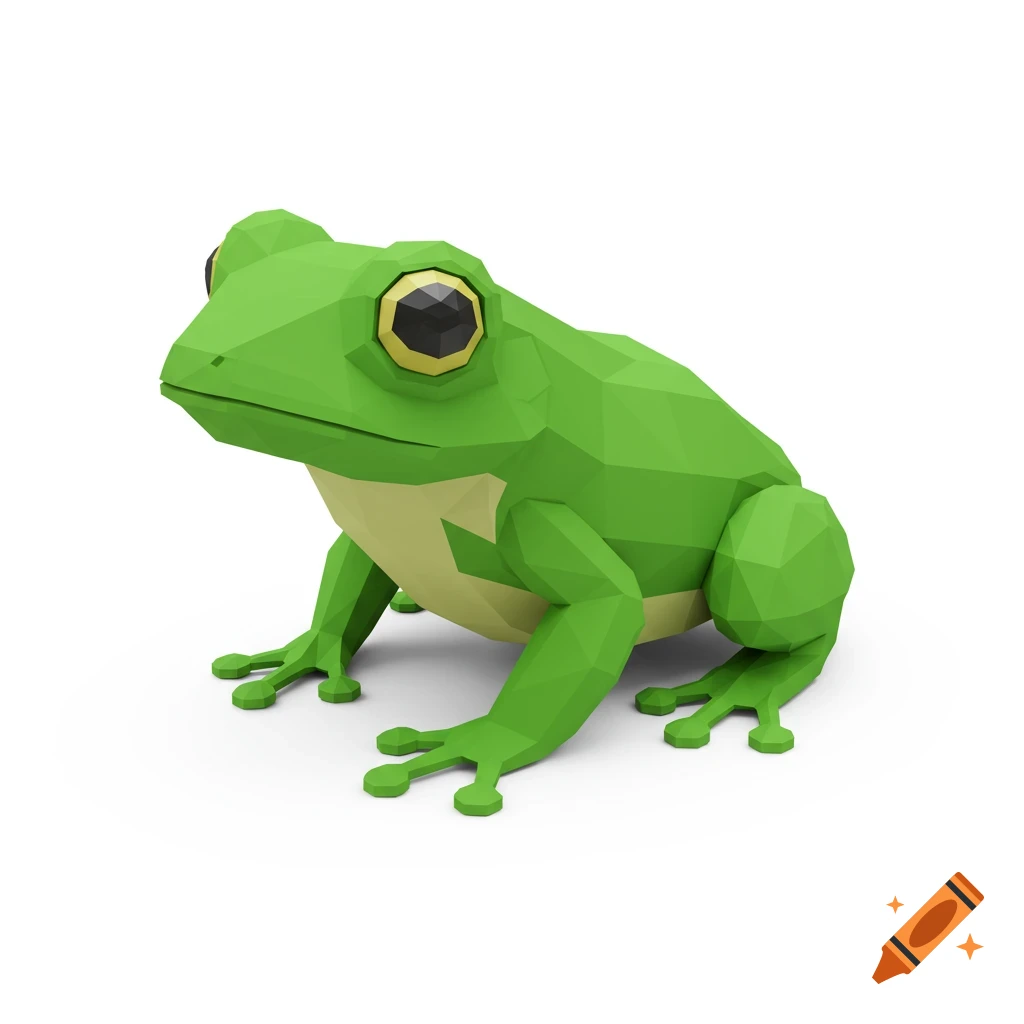 A green low-poly frog with yellow eyes, facing right, on a white background.