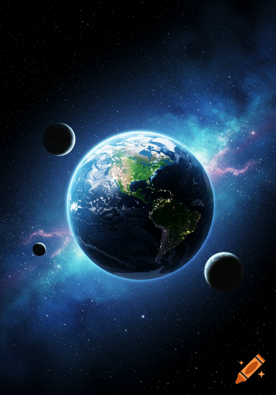 The Earth glowing in space with several smaller planets and a blue nebula in the background.