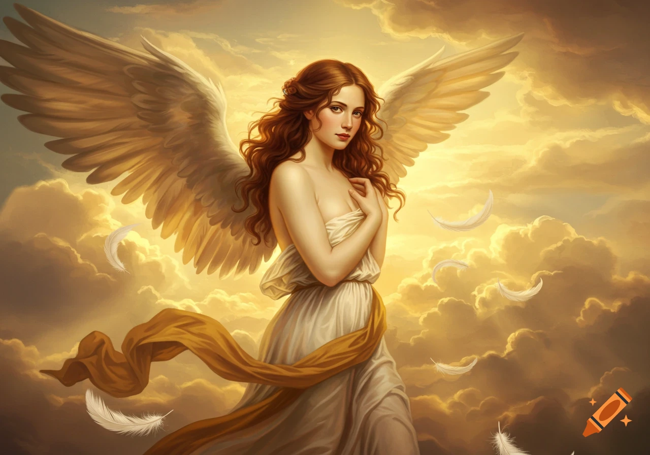A beautiful angel with long brown hair and large white wings, wearing a flowing white and gold gown, stands against a golden, cloudy sky with falling feathers.