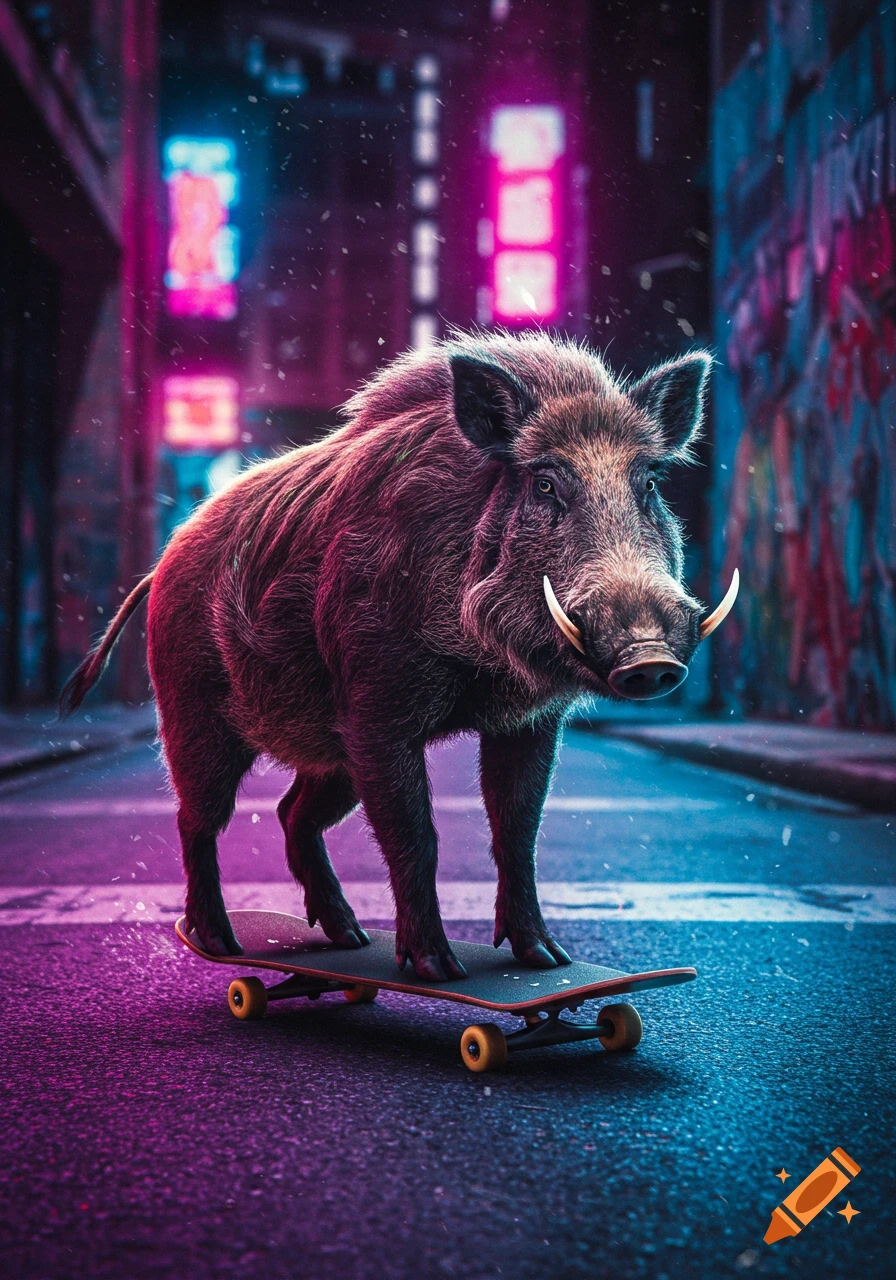 A photorealistic wild boar rides a skateboard down a neon-lit urban street at night, with pink and blue lighting.