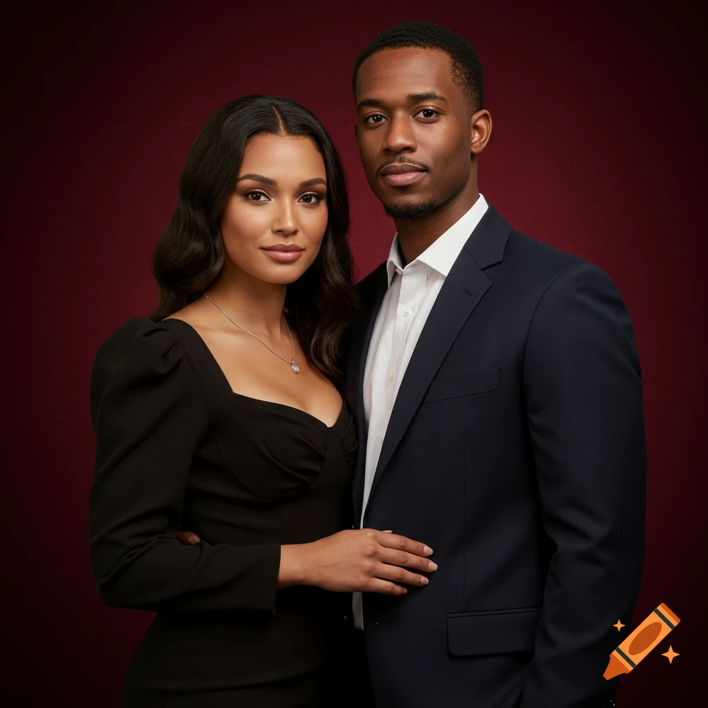A photorealistic portrait of a man in a dark suit and a woman in a black dress, posing against a deep red background.