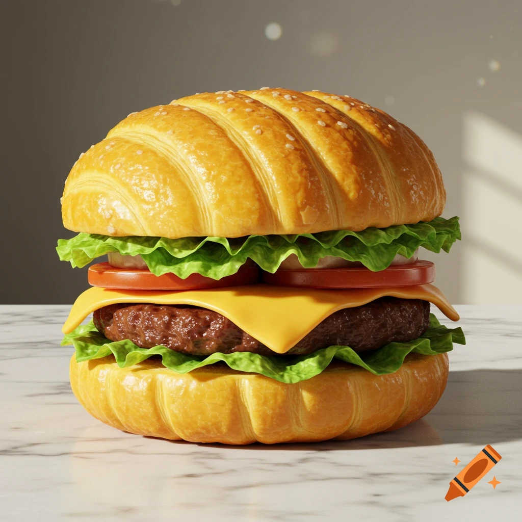 Photorealistic burger with a ribbed, croissant-like bun, beef patty, melted cheese, lettuce, and tomatoes on a marble surface.