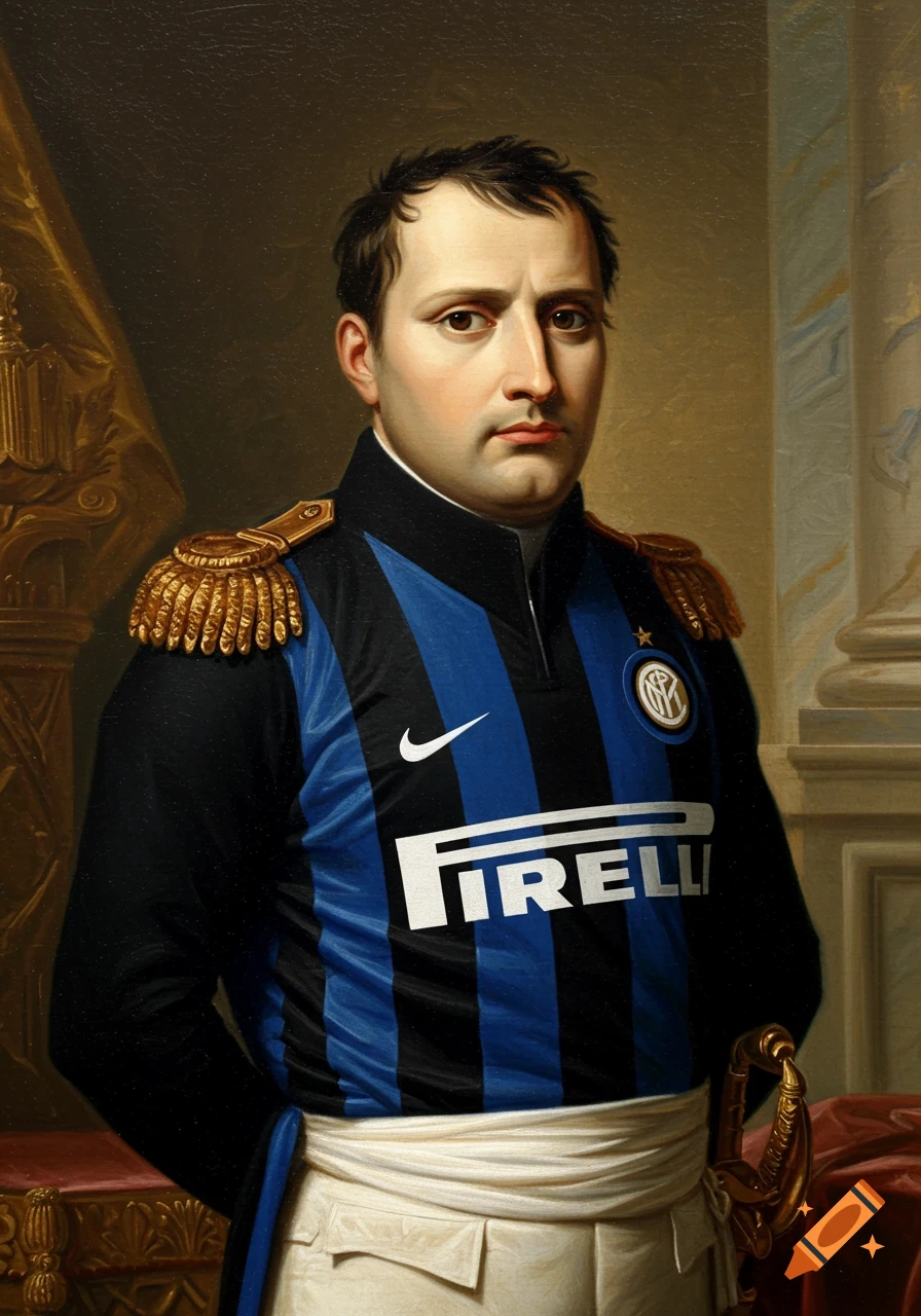 A classic oil painting of Napoleon Bonaparte wearing a modern Inter Milan football jersey, standing proudly.