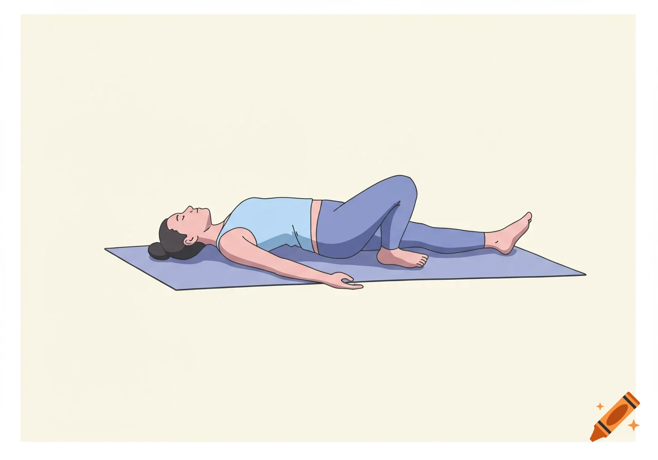 An illustration of a person in a reclined yoga pose with bent knees and arms by their side, lying on a purple mat.