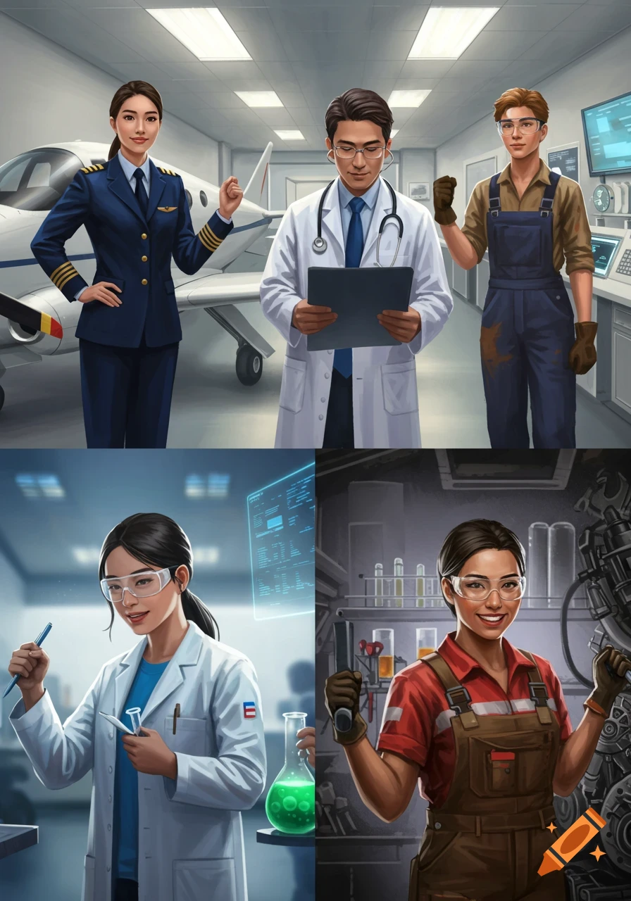 Digital illustration of happy professionals including a pilot, doctor, male mechanic, female scientist, and female mechanic.